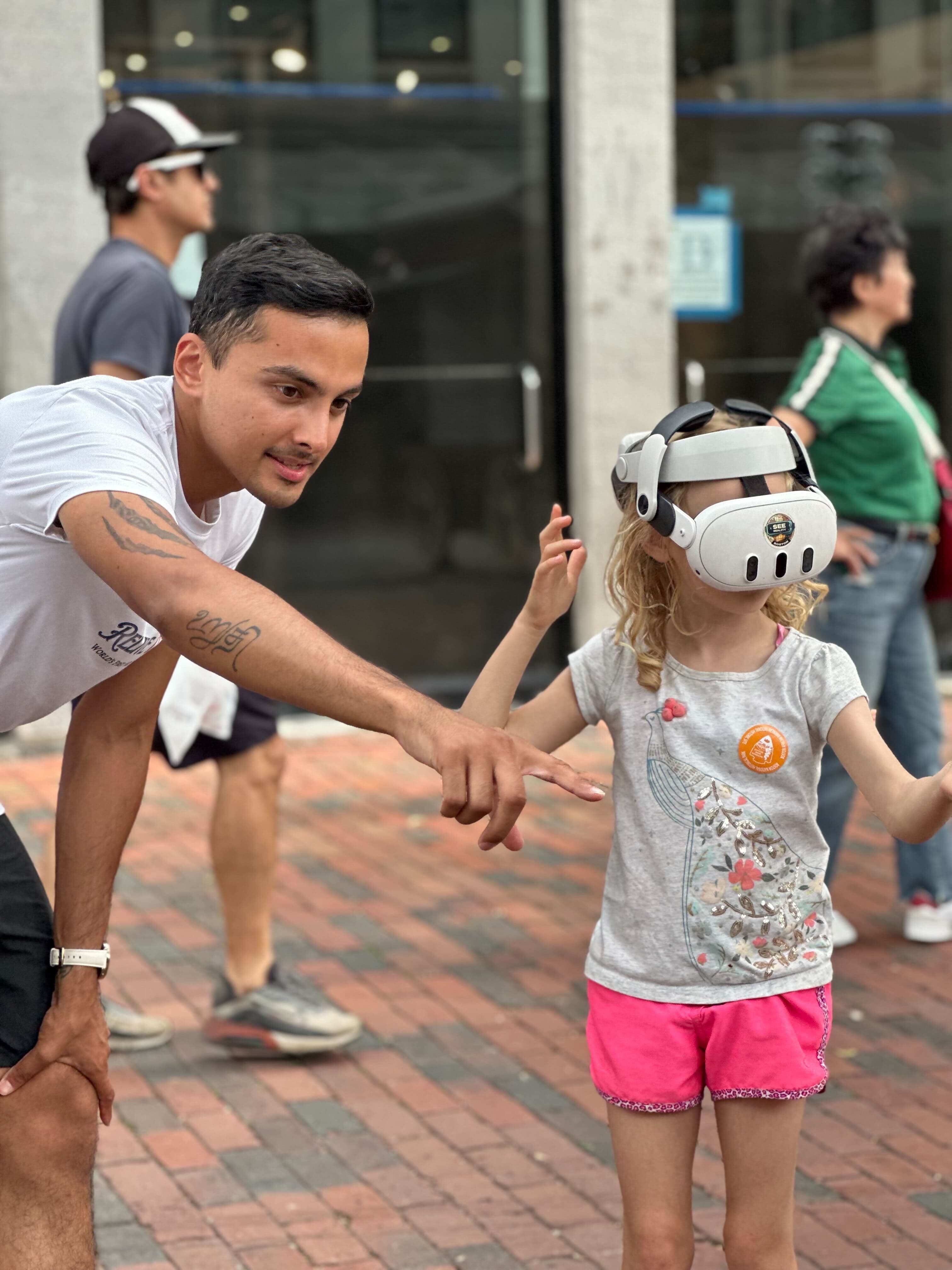 Tour guide with guests using History Glasses on an outdoor walking tour