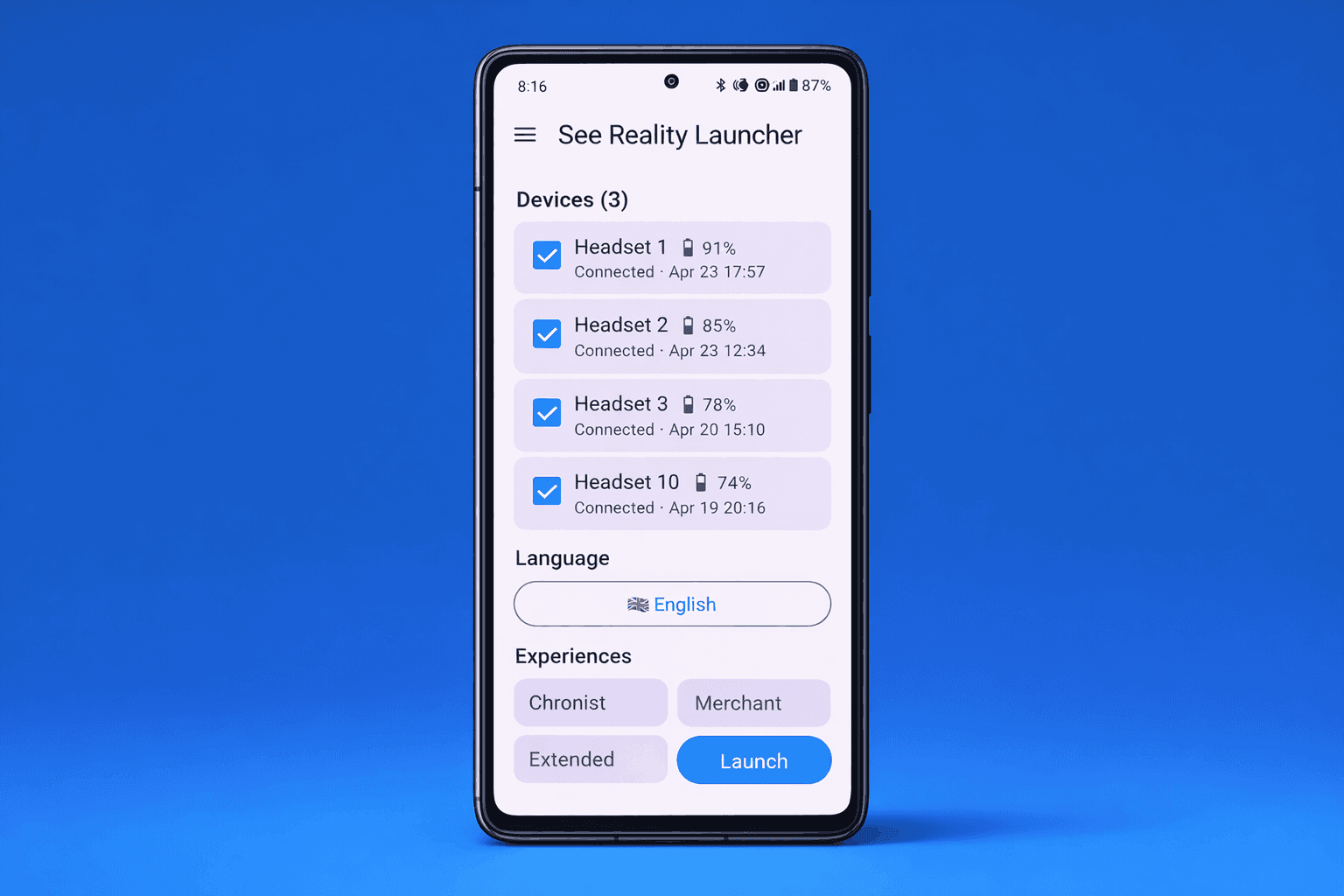See Reality Launcher app showing language and group launch options